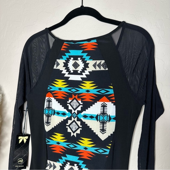 Iris Basic Aztec Print Dress, Sheer Mesh Long Sleeve, size large - Picture 3 of 10
